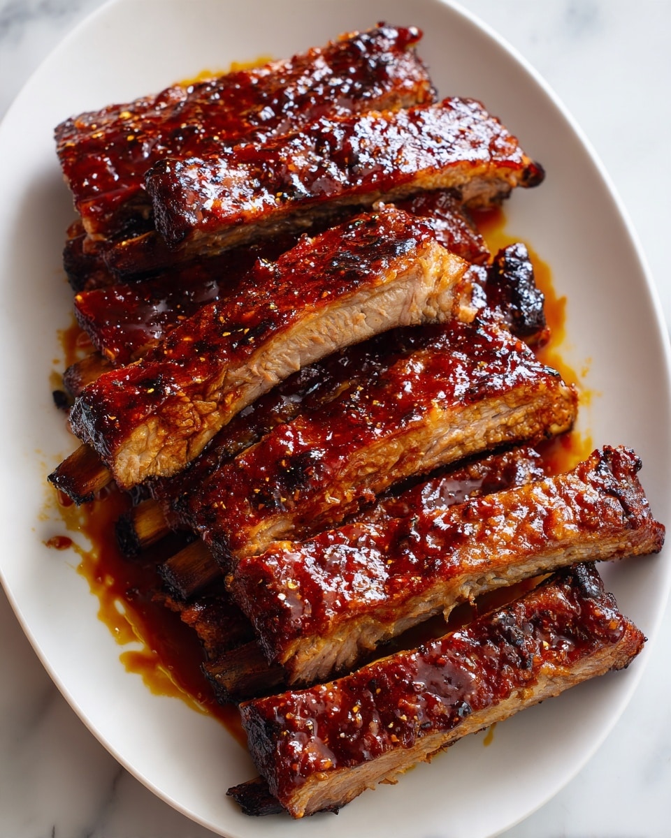 On a white plate on a white marbled surface, there are several thick, rectangular pieces of glazed ribs arranged neatly. Each rib piece is covered in a shiny, dark reddish-brown sauce that looks sticky and richly seasoned. The ribs show a visible texture of tender meat with grill marks on the edges and slight charring that adds a rustic touch. The sauce clings to the ribs and pools slightly on the plate, enhancing the overall juicy and flavorful appearance. Photo taken with an iphone --ar 4:5 --v 7