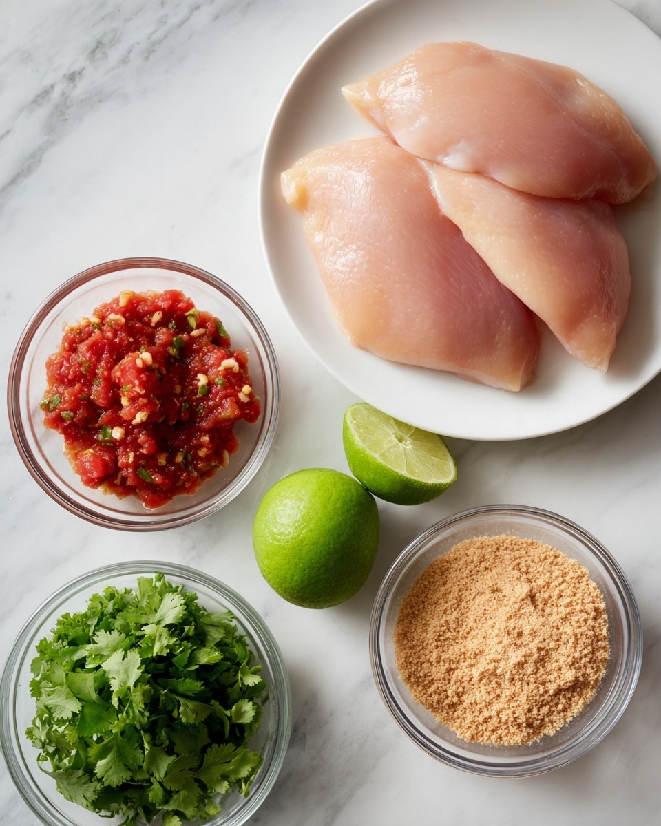 Two raw chicken pieces are stacked on a white plate at the top center, showing soft pink color and smooth texture. Below to the left, a clear glass bowl holds chunky red salsa with visible tomato and pepper pieces. To the right of the salsa, there are two whole bright green limes with shiny skin. Below the limes, a clear bowl of light brown crumbly powder sits on the white marbled surface. To the left of that, another clear bowl contains fresh, chopped bright green cilantro leaves. The whole setup is on a clean white marbled textured background. photo taken with an iphone --ar 4:5 --v 7