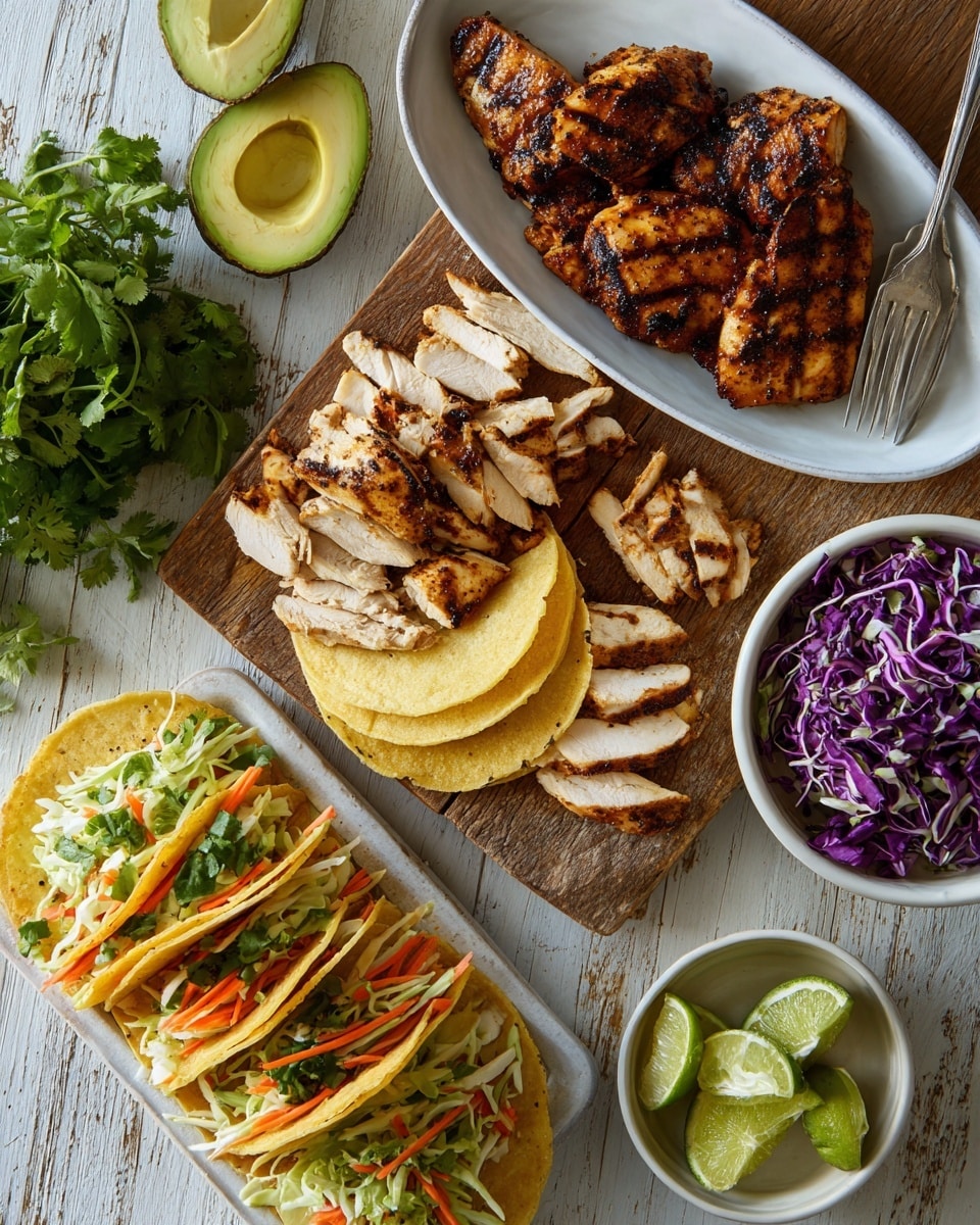 The image shows a wooden board with grilled chicken and tacos. On the top right, a white oval plate holds several pieces of grilled chicken with a golden-brown color and some dark grill marks, next to a silver serving fork. Below this plate are sliced grilled chicken pieces in white with brown grilled edges scattered loosely. To the left of the board, two halves of a fresh green avocado sit alongside bunches of green cilantro. At the bottom left, a white rectangular plate has five soft yellow taco shells; four are filled with grilled chicken strips, purple cabbage, white shredded cabbage, orange carrot strips, and green cilantro leaves while one shell is empty. Near the center is a small white bowl filled with purple and white shredded cabbage and orange carrot strips. To the far right on the white marbled surface, a small bowl contains lime wedges. The overall colors are warm browns, fresh greens, purples, and yellows arranged on a rustic wooden board with a white marbled background, photo taken with an iphone --ar 4:5 --v 7
