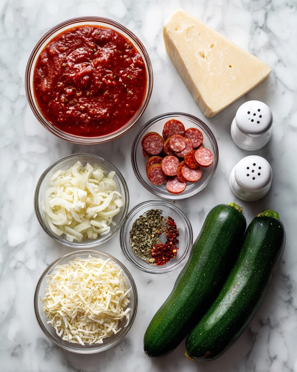 The image shows various cooking ingredients arranged neatly on a white marbled surface. There are three dark green zucchinis placed horizontally at the bottom right. Above them, small glass bowls hold red chili flakes, dried herbs, mini pepperoni slices, olive oil, chopped red onions, and shredded mozzarella cheese. A larger glass bowl filled with thick red tomato sauce is on the upper left, and a wedge of pale yellow cheese is positioned to the right of the bowls. Two white salt and pepper shakers are also nearby. The overall setting is clean and bright, with each ingredient clearly visible in separate clear glass containers photo taken with an iphone --ar 4:5 --v 7