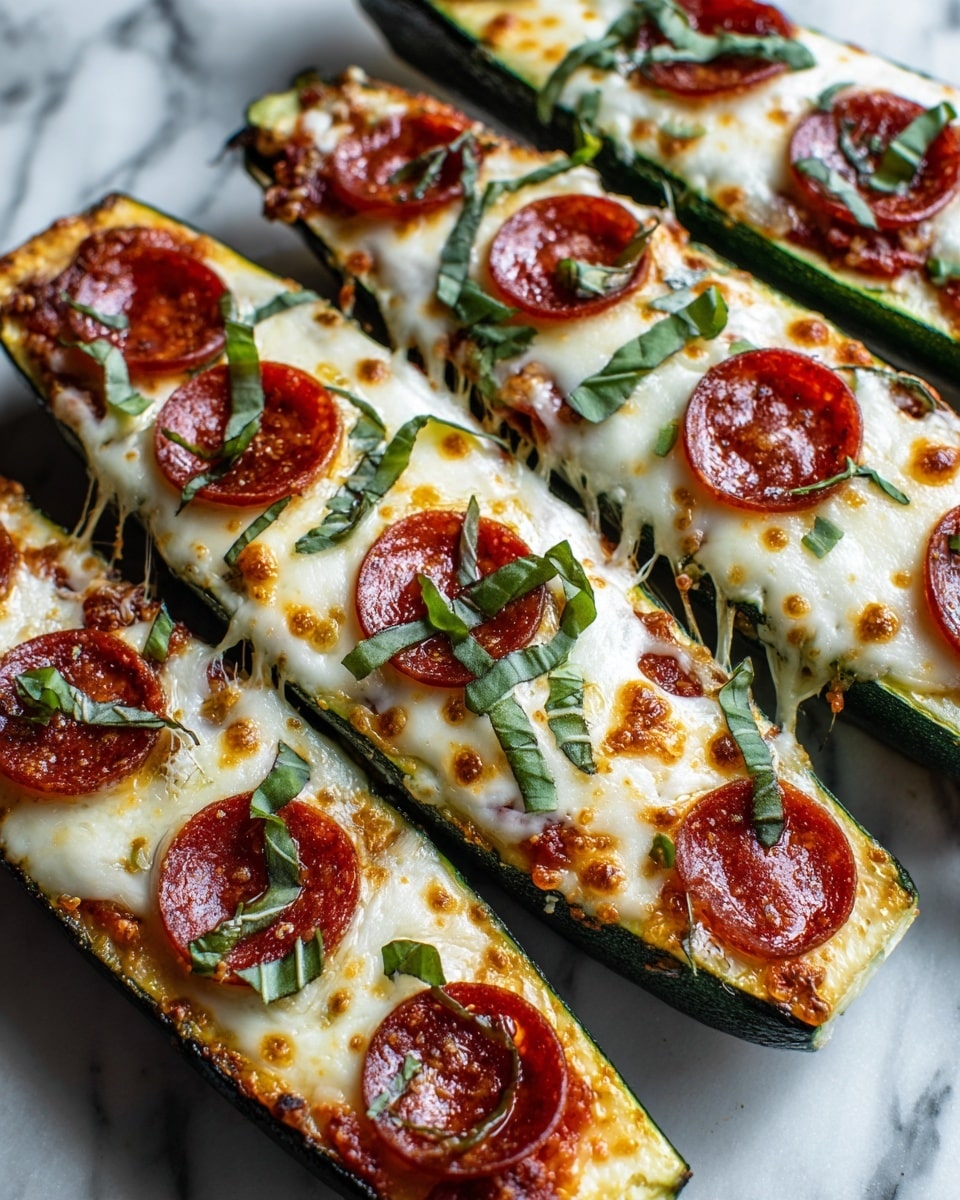 The image shows four zucchini halves arranged diagonally, each topped with a layer of melted cheese that is smooth and creamy white with some yellowish spots. On top of the cheese, there are many small, round pieces of pepperoni that are reddish-brown and slightly shiny. Scattered green strips of fresh basil leaves sit on the pepperoni, adding a pop of color. The zucchini skin is dark green and glossy, forming the base layer of the dish. The background is a white marbled texture. Photo taken with an iphone --ar 4:5 --v 7