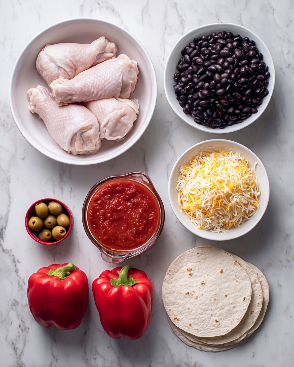 The image shows ingredients for a meal laid out on a white marbled surface. In the top left, a white bowl holds three raw chicken pieces, pale pink and smooth. To the right, another white bowl contains shredded yellow and white cheese mixed together. Below the chicken, there is a small white bowl filled with black beans that look soft and shiny. Next to the beans, a clear glass measuring cup holds red tomato sauce with a smooth texture. Below these items are several small white corn tortillas stacked neatly. To the left of the tortillas are two fresh red bell peppers, one longer and the other rounder with green stems. In the bottom left corner, there is a small red can of sliced black olives. The composition is neat and the colors stand out against the light background. photo taken with an iphone --ar 4:5 --v 7