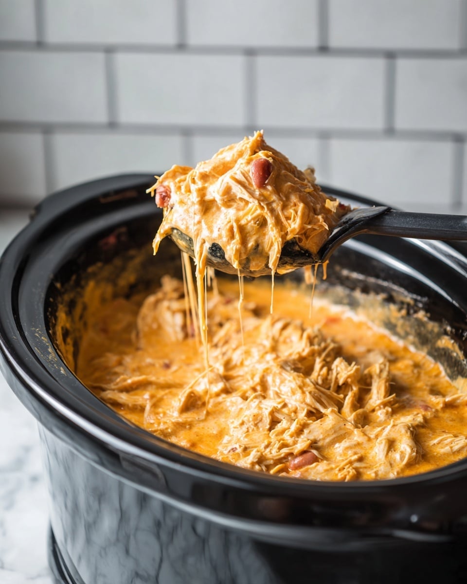 A black slow cooker filled with a creamy, orange-colored shredded chicken mixture, with the chicken softened and coated evenly in a cheesy sauce. A black pasta server is lifting a portion from the slow cooker, showing the gooey texture with some small red beans mixed in. The edges of the dish show a blend of melted cheese and sauce, creating a rich and thick consistency. The background features white tiled walls and a white marbled surface beneath the slow cooker. Photo taken with an iphone --ar 4:5 --v 7