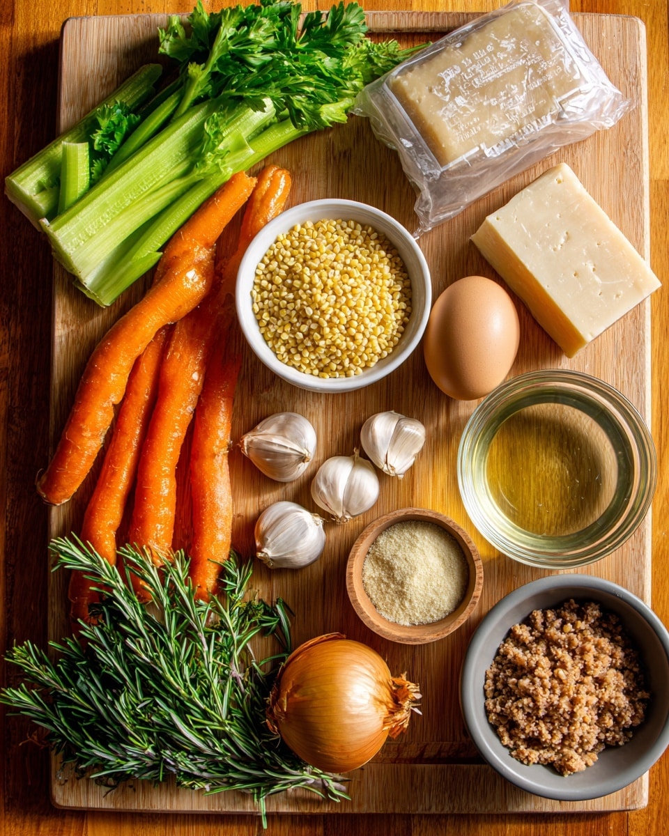 The image shows various cooking ingredients arranged on a wooden board. On the left side, there are fresh celery stalks with green leaves and three bright orange carrots with green tops. Moving right, sprigs of fresh green parsley and rosemary lie near a beige egg and a whole yellow onion. Next to these are several peeled garlic cloves grouped together. Near the top center, there is a white bowl filled with small, light yellow grains. To the right, a clear glass bowl holds a transparent liquid, while a small wooden bowl nearby contains a pale yellow powder. There is a gray bowl filled with brown bread crumbs at the bottom right. At the top left, two pieces of hard cheese rest together, one showing a stamp mark. Finally, at the top right corner, a vacuum-sealed package of sweet Italian sausage is visible. All ingredients are laid out neatly on a wooden board, and the photo has warm, natural lighting photo taken with an iphone --ar 4:5 --v 7