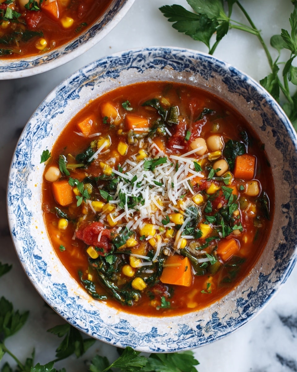 A close-up of a thick vegetable soup served in a white bowl with blue patterned edges. The soup is rich with colorful chunks of orange carrots, yellow corn, green leafy spinach, and beige chickpeas in a red tomato-based broth. There is a sprinkle of shredded white cheese and fresh green parsley scattered on top. The bowl rests on a white marbled surface with a few parsley leaves nearby. Part of another bowl with the same soup is visible in the background. photo taken with an iphone --ar 4:5 --v 7