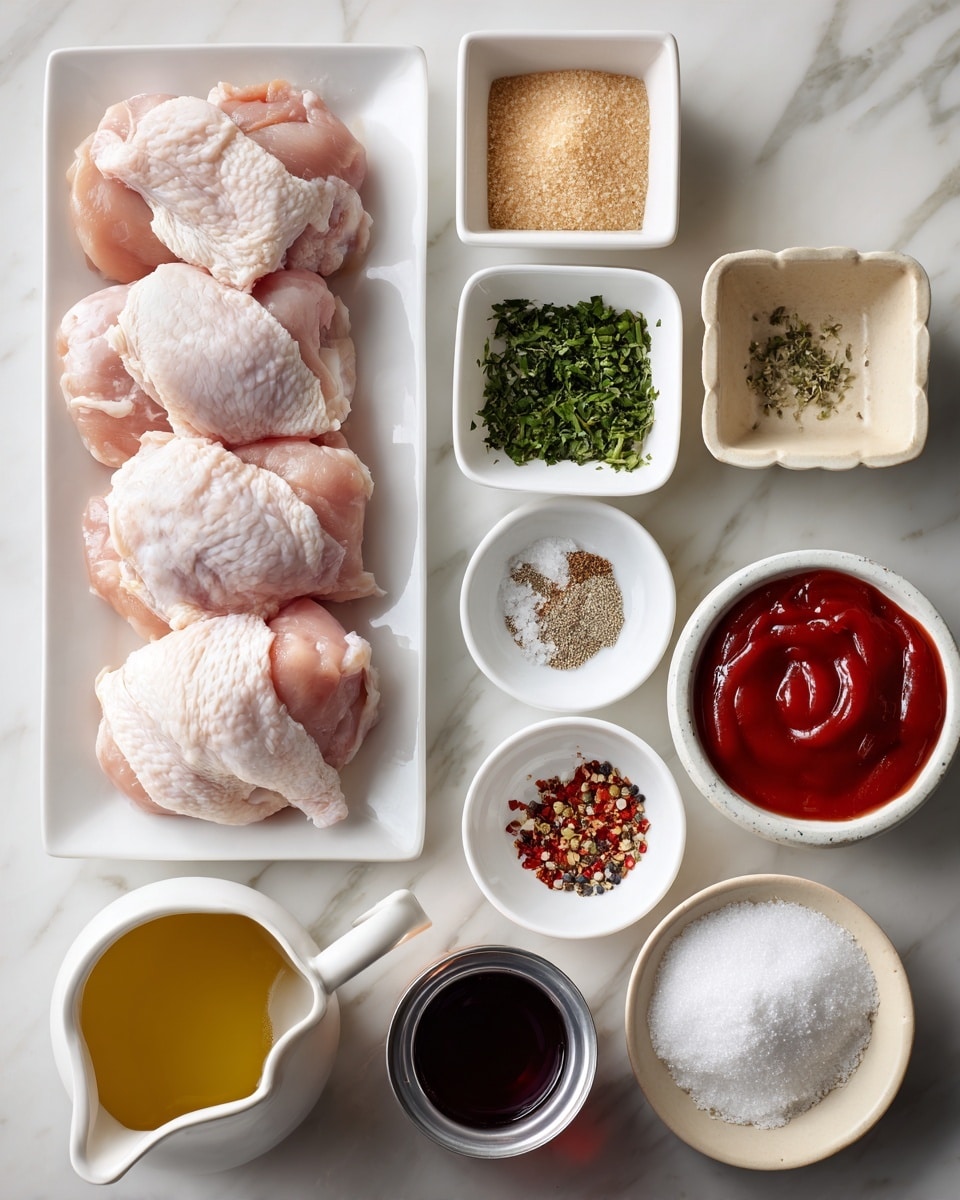The image shows four raw chicken pieces placed in a row on a white rectangular plate, occupying the left half of the image. To the right, there are six small white bowls and a small beige bowl, each containing different ingredients: light brown sugar in a square bowl at the top, chopped green herbs in a scalloped bowl below it, a mound of white powder in another square bowl below the herbs, and a bowl with a mix of coarse salt, black pepper, and red pepper flakes at the center bottom. On the bottom left, a small white pitcher holds a golden liquid, and next to it sits a small beige bowl with a white paste. To the very bottom right, there is a round container of red ketchup and a small white cup with a dark vinegar-like liquid. A can of lemon juice is tilted on its side next to the pitcher. The whole setup is arranged neatly over a white marbled background. Photo taken with an iphone --ar 4:5 --v 7