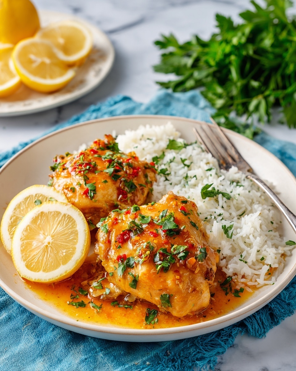 A white plate holds two pieces of golden chicken covered in a shiny orange sauce with small red and green herbs scattered on top. The chicken rests on a bed of white rice sprinkled with green parsley. On the side of the plate are three thin slices of bright yellow lemon. A silver fork is placed on the plate near the chicken. The plate sits on a blue cloth with a white marbled surface underneath. At the top right, there is a bunch of fresh green parsley, and at the top left, a white plate holds more slices of lemon. photo taken with an iphone --ar 4:5 --v 7