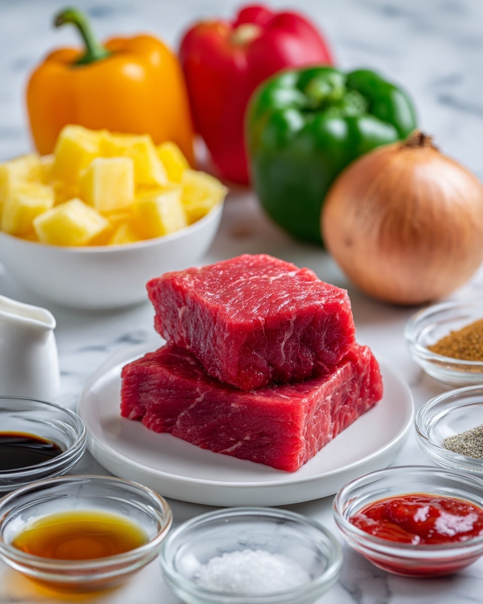 The image shows two pieces of raw red meat with a fresh texture, stacked on a white plate placed near the center on a white marbled surface. Surrounding the plate are a whole brown onion, a small bowl of diced yellow pineapple chunks, a whole green bell pepper and a whole red bell pepper, both with shiny skin. There are several small clear glass bowls with different ingredients: brown powder, brown sugar, minced garlic, salt, and black pepper. Additionally, there are small white bowls with liquids including soy sauce, a golden yellow liquid, a dark amber liquid, white creamy sauce, and red ketchup in a white measuring cup. The white marbled background creates a clean and bright setting. photo taken with an iphone --ar 4:5 --v 7