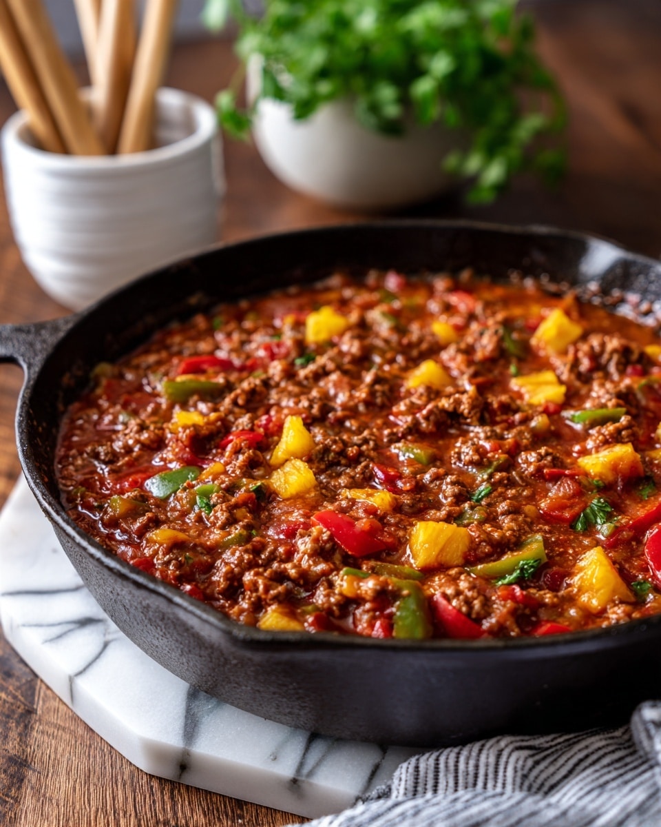 A close-up of a black cast iron skillet filled with a thick stew-like dish that has a rich reddish-brown sauce. The dish has visible pieces of ground meat mixed with chopped red and green bell peppers and chunks of yellow pineapple scattered throughout. The skillet sits on a wooden surface with a white marbled texture visible at the corner. The background has a white bowl holding wooden skewers and a pot with green leafy herbs. A striped cloth is partly visible on the right edge. Photo taken with an iphone --ar 4:5 --v 7