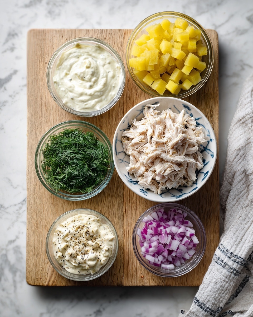 The image shows six bowls of ingredients arranged on a wooden cutting board placed on a white marbled surface. Starting from the top, there is a small clear bowl filled with diced yellow pickles. Below it, slightly to the right, is a white bowl with blue spots containing shredded light-colored chicken. To the left of the chicken bowl, a small white bowl holds a creamy white sauce, and next to it is a small clear bowl full of fresh green dill. Below the dill, on the lower left, is another small clear bowl with a creamy mixture speckled with black pepper, and on the lower right, a small white bowl contains chopped purple onions. A white and gray striped cloth partially covers the top right corner of the board. photo taken with an iphone --ar 4:5 --v 7
