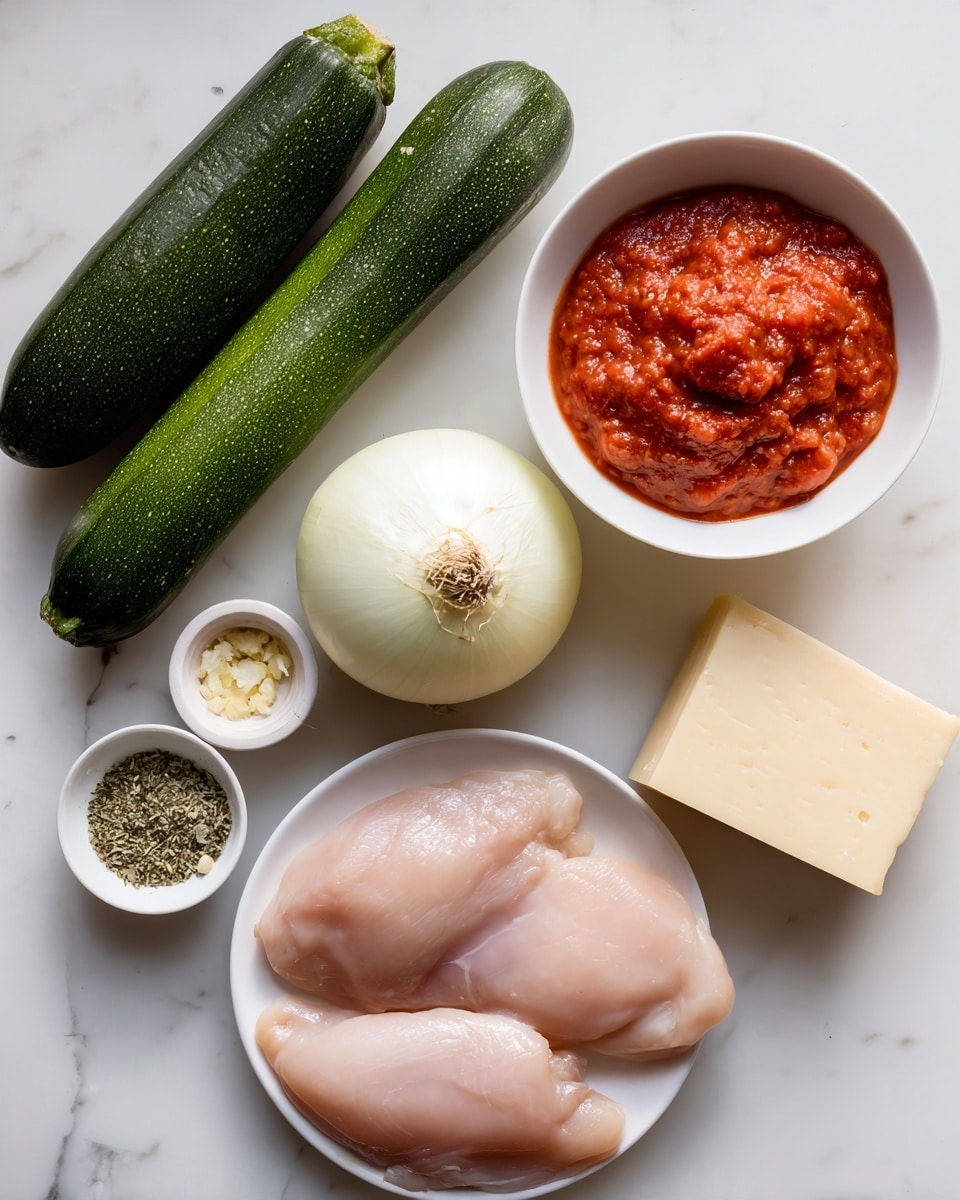 The image shows several fresh ingredients arranged neatly on a white marbled surface. There are two firm zucchini with dark green skins on the upper left, next to a whole white onion with smooth skin below them. To the right of the onion, there is a white bowl filled with thick, bright red tomato sauce with a slightly chunky texture. Below the bowl, a small white dish holds minced garlic that is light yellow in color and moist. To the left, another small white dish contains mixed dried herbs and pink salt. At the bottom left, three raw pale pink chicken breasts are placed together on a white round plate, showing a smooth, shiny texture. Finally, on the bottom right corner, there is a wedge of pale yellow hard cheese with a firm texture standing on its side. photo taken with an iphone --ar 4:5 --v 7