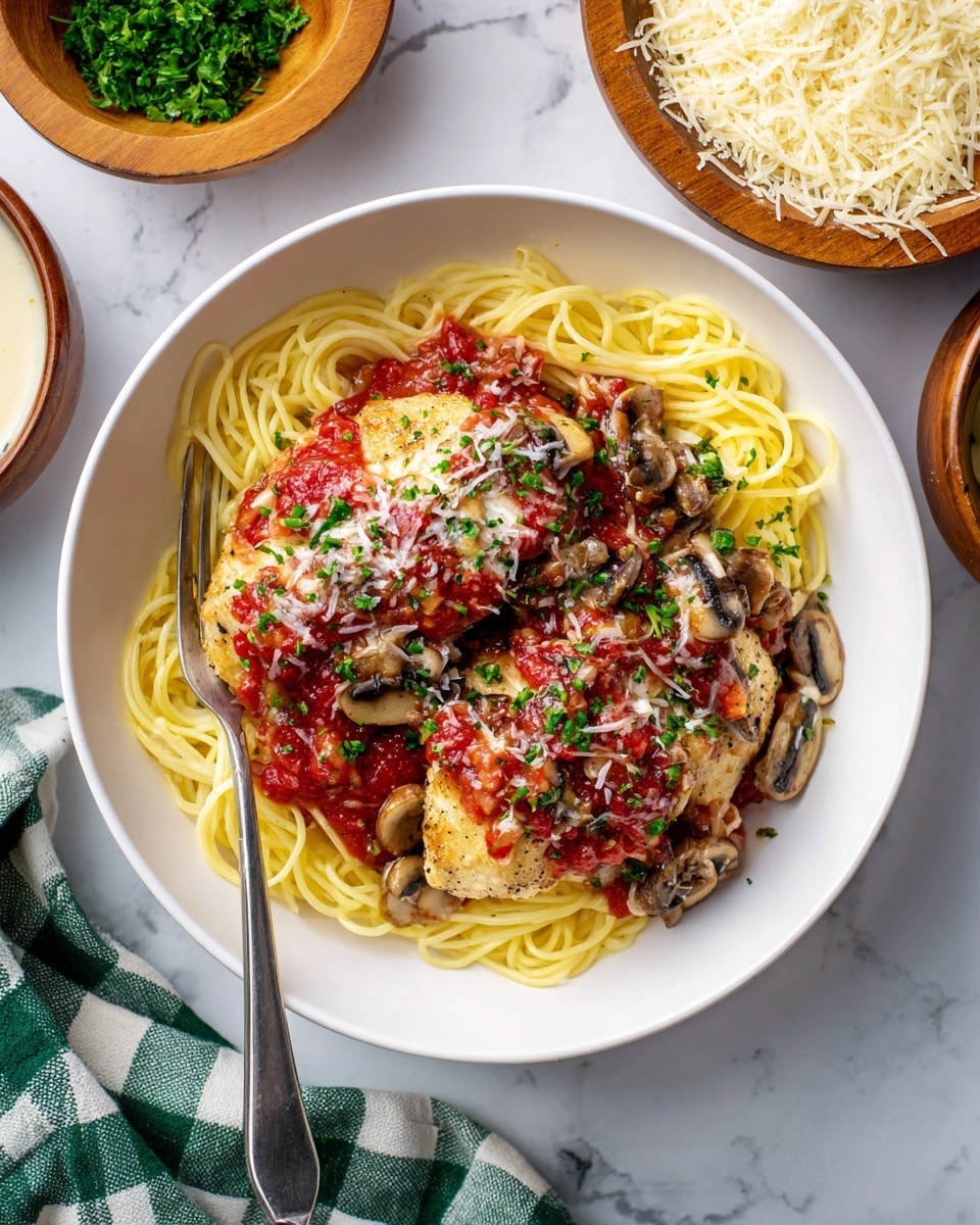A white bowl filled with three layers: at the bottom, yellow spaghetti noodles arranged loosely; on top, two pieces of cooked chicken covered with chunky red tomato sauce; the sauce contains small green and brown mushroom slices and diced vegetables, sprinkled with some grated cheese and chopped green herbs. A silver fork rests on the right side of the bowl, partly under the chicken and noodles. The bowl sits on a white marbled surface with a green and white checkered cloth nearby, a wooden bowl filled with grated cheese on the right, and a small bowl of light creamy sauce above. Photo taken with an iphone --ar 4:5 --v 7