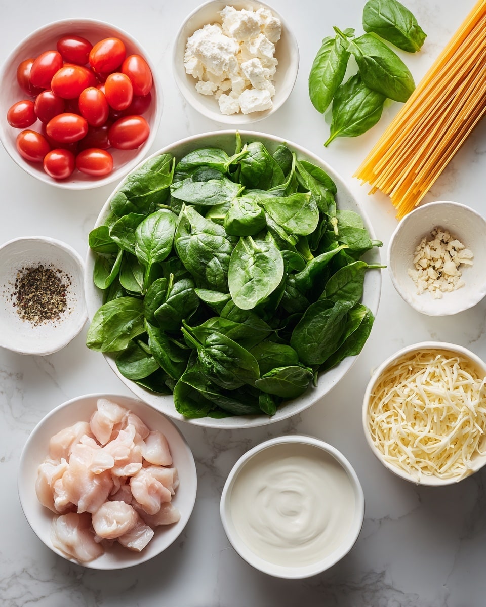 A white round plate filled with fresh green spinach leaves forms the base layer on a white marbled surface. Surrounding the plate are small white bowls arranged neatly: one bowl contains bright red cherry tomatoes, another holds creamy white cottage cheese, and a third is filled with shredded light yellow parmesan cheese. Next to these bowls is a small white dish with finely minced garlic and another with a mix of black pepper and salt. A bowl with chunks of raw pale pink chicken sits nearby. Two cartons, one of orange and white chicken broth and the other of green and white whole wheat spaghetti, are positioned standing upright next to fresh green basil leaves. At the bottom, a white bowl holds smooth, thick white cream. photo taken with an iphone --ar 4:5 --v 7