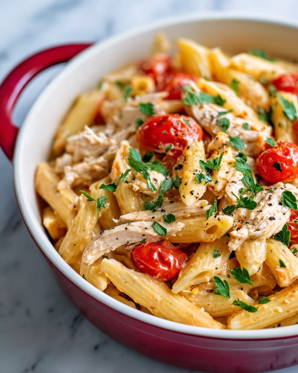 The image shows a white bowl with a red handle filled with a creamy pasta dish. The pasta is penne, coated in a light orange creamy sauce with pieces of shredded chicken mixed in. On top, there are bright red cooked cherry tomato halves scattered, adding a pop of color. Green fresh parsley leaves are placed as garnish, and a sprinkle of black pepper is visible over the dish. The bowl is set on a white marbled surface. Photo taken with an iphone --ar 4:5 --v 7