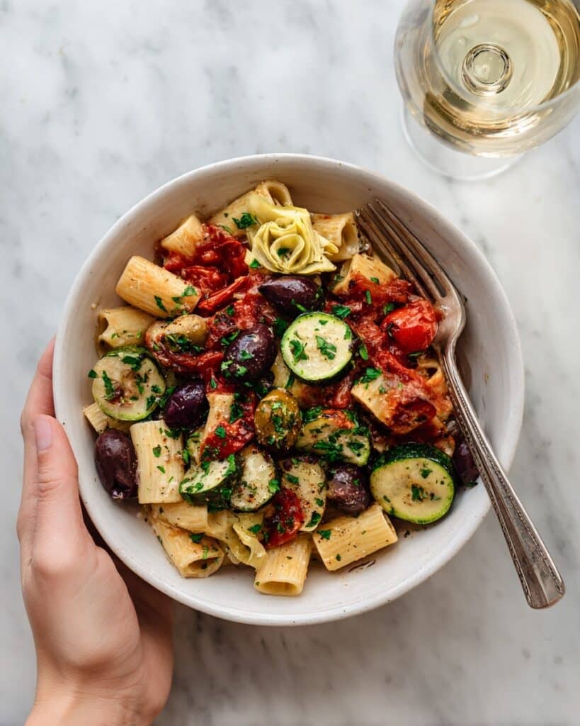 Vegan Summer Pasta with Cherry Tomatoes, Zucchini, Corn, and Lemon Basil Recipe