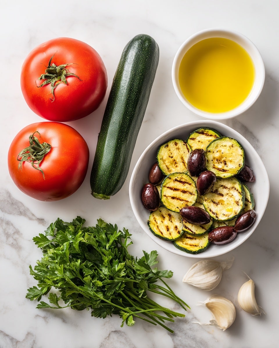The image shows fresh ingredients arranged neatly on a white marbled surface. There are two bright red tomatoes with green stems on the left, next to a dark green zucchini placed vertically in the middle. To the right, there is a white bowl filled halfway with grilled, light yellow zucchini slices with dark grill marks, topped with dark purple olives. Below the bowl is a bunch of fresh green parsley with leafy texture. Near the bottom, two garlic cloves, one peeled and one with skin, sit beside a small white bowl filled with golden yellow olive oil. The colors are vibrant and the ingredients are fresh, giving a clean and natural feel to the image photo taken with an iphone --ar 4:5 --v 7