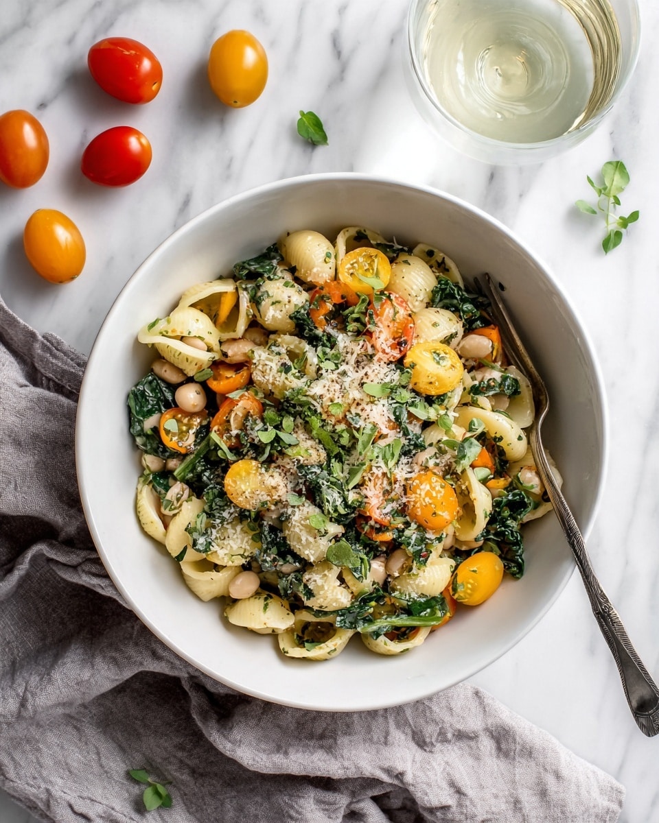 A white bowl filled with pasta shells mixed with green leafy vegetables, chunks of orange and yellow cherry tomatoes, and white beans, topped with a sprinkle of light brown grated cheese and small green herb leaves. The bowl sits inside a larger white bowl on a white marbled surface. To the left, there is a soft gray cloth under the bowls, with three whole cherry tomatoes—two red and one yellow—on the surface nearby. A silver fork is placed inside the smaller bowl on the right side. At the top right, there is a clear glass of white liquid. photo taken with an iphone --ar 4:5 --v 7