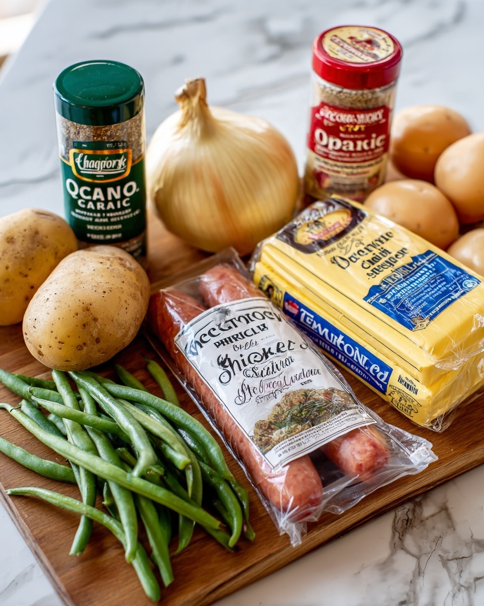 The image shows a wooden cutting board on a white marbled surface with fresh green beans in the front, pale yellow potatoes and light brown onions behind them, a clear plastic package of reddish-brown Polish kielbasa sausage to the right, two yellow sticks of butter wrapped in Tillamook labels stacked nearby, and two spice containers behind—the taller one green with