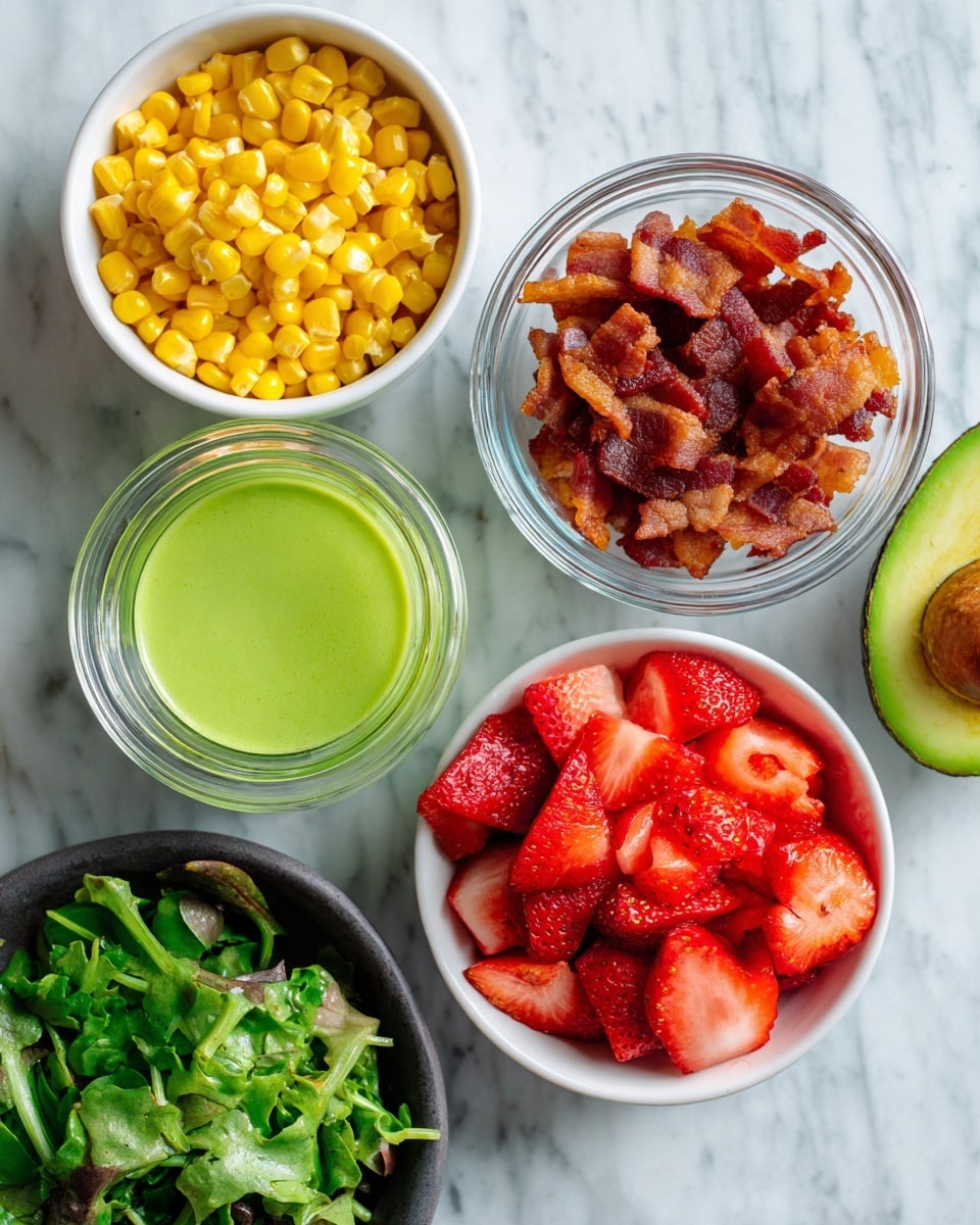 The image shows five containers of fresh food placed on a white marbled surface. At the top left, there is a white bowl filled with small yellow corn kernels. To the right of it, there is a small glass jar with bright green sauce or dressing. Next to the jar on the top right is a white bowl filled with small pieces of crispy brown bacon. Below the bacon, there is a white bowl full of bright red strawberry slices. Toward the bottom left, there is a dark bowl with a mix of green leafy vegetables. At the bottom right corner, a halved avocado with a smooth green interior and dark skin is partly visible. photo taken with an iphone --ar 4:5 --v 7