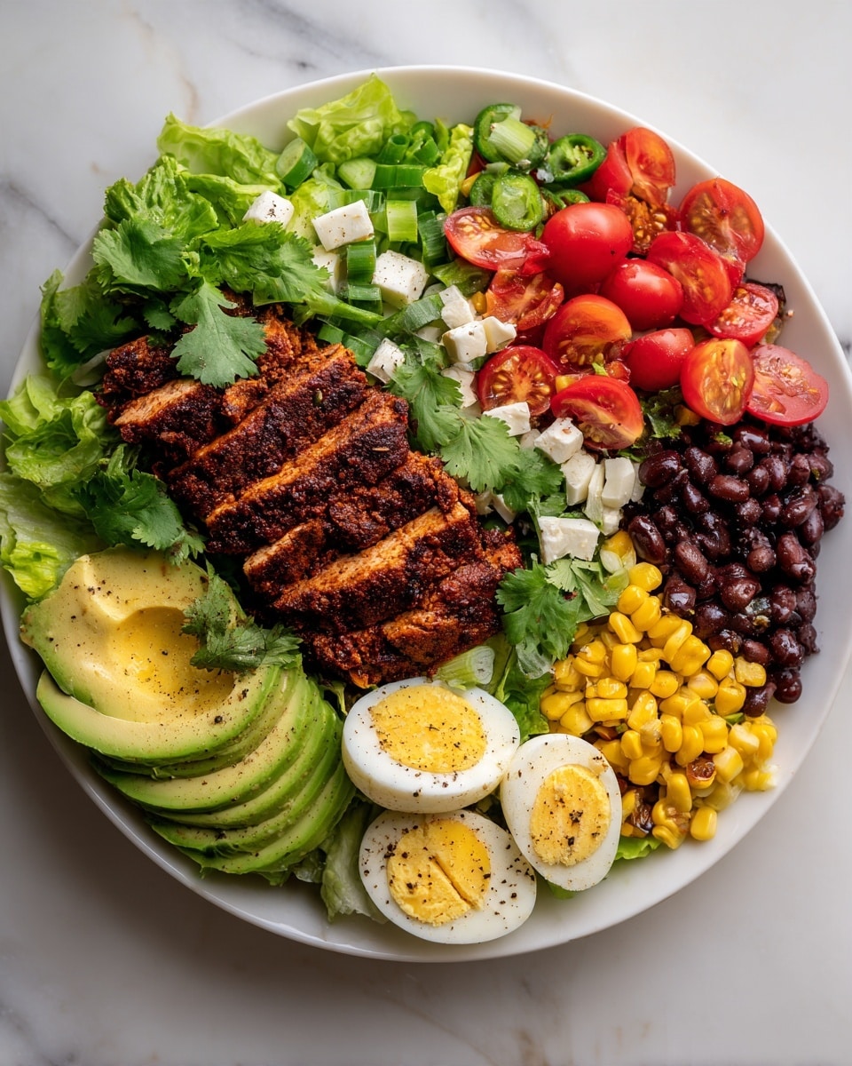 This dish is a colorful salad arranged in layers on a white plate set on a white marbled surface. The base layer consists of green leafy lettuce and chopped green onions positioned on the left side. There are slices of grilled meat with a dark brown spice crust placed in the center, topped with small pieces of white cheese and fresh cilantro leaves. Bright red cherry tomatoes, some whole and some sliced in half, cluster on the right side mixed with yellow corn kernels and black beans scattered throughout. Near the bottom, there are halves of hard-boiled eggs with ground pepper sprinkled on top. The salad also includes sliced grilled corn and avocado fanned out on the right edge. The whole dish looks fresh, textured, and vibrant with a balance of colors from green, red, yellow, white, and brown. photo taken with an iphone --ar 4:5 --v 7