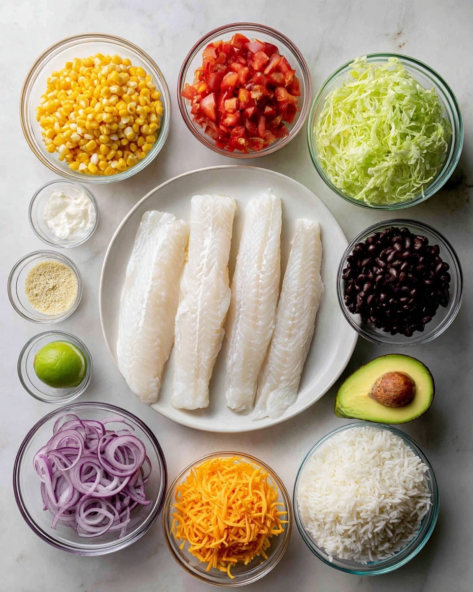 The image shows many ingredients arranged neatly on a white marbled surface. In the center left, a white plate holds several raw white fish fillets, smooth and pale with a slight sheen. Around it, there are clear glass bowls: diced red tomatoes with a rough texture, thinly sliced purple onions with a curly shape, bright yellow corn kernels, shredded green lettuce with thin, curly strips, fluffy white rice grains, black beans with a shiny and smooth surface, and a mix of shredded orange and white cheese with a soft, stringy look. Additionally, there is a small bowl of light beige spices in different shades, minced yellow garlic in a tiny clear bowl, thick white yogurt or sour cream, a whole green lime, and a whole dark green avocado. All elements are evenly spaced and well-lit, with soft natural light highlighting textures and colors. Photo taken with an iphone --ar 4:5 --v 7