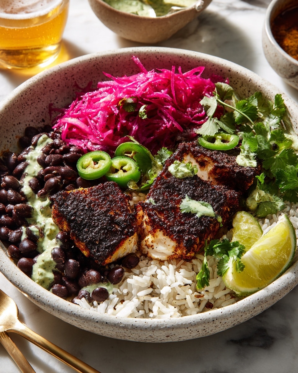 A white speckled bowl on a white marbled surface holds a colorful layered dish. The bottom layer is fluffy white rice mixed with black beans and green cilantro leaves. On top of the rice and beans are pieces of well-seasoned, grilled fish with a dark, slightly charred crust. To the right of the fish is bright pink pickled cabbage creating a bold contrast. Fresh green jalapeño slices and cilantro leaves are scattered over the fish and cabbage. Creamy greenish sauce is drizzled over the whole dish. Two lime wedges sit on the edge of the bowl, and a gold and black fork is partially placed inside the bowl near the rice. In the background, a glass of beer and a bowl with more sauce can be seen. photo taken with an iphone --ar 4:5 --v 7