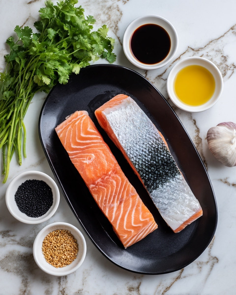 Two pieces of fresh salmon lay side by side in the center of an oval black plate; one piece shows the pink flesh with white lines, and the other shows the silver skin with scales. Around the plate are small white bowls each holding different ingredients: a dark brown sauce, yellow oil, light brown liquid, crushed black pepper and salt, minced garlic, and black sesame seeds. A bulb of garlic sits near the bowls, and a bunch of green cilantro rests on the white marbled surface. The setting is bright and clean, arranged neatly from above. photo taken with an iphone --ar 4:5 --v 7