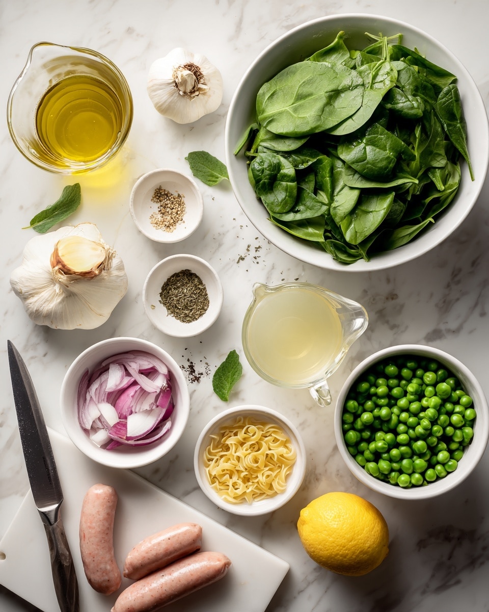 This image shows an overhead view of various cooking ingredients arranged neatly on a white marbled surface. In the center top, a large white bowl is full of fresh green spinach leaves. Below it, on the right side, there is a white bowl filled with bright green peas. Near the center, a lemon is cut in half beside a whole lemon. To the left, chopped red onions sit in a small white bowl, with a garlic bulb and a shalot placed nearby. Small white dishes contain herbs and seasonings, including one with fennel seeds and another with ground pepper. At the bottom left, a white chopping board holds three sausages, one whole and two partially sliced with a visible knife next to them. Around the board, there are small amounts of yellow orzo pasta, olive oil in white bowl, and light yellow broth in a glass measuring cup. The photo was taken with an iphone --ar 4:5 --v 7