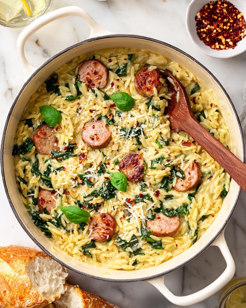 The image shows a large white pot filled with a creamy yellow orzo pasta dish mixed with cooked spinach and slices of light brown sausage spread evenly throughout. Fresh green basil leaves are scattered on top along with finely grated white cheese and a small amount of red pepper flakes, adding color and texture. A wooden spoon is placed inside the pot on the right side, partially submerged in the pasta. The pot is set on a white marbled surface with a small white bowl of red pepper flakes in the upper left corner, a portion of golden bread visible in the bottom left, and a glass of lemon water in the bottom center. photo taken with an iphone --ar 4:5 --v 7