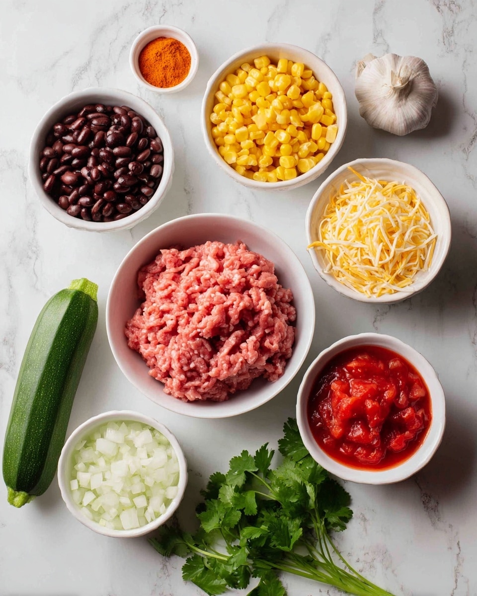The image shows seven white bowls arranged on a white marbled surface, each containing different food ingredients, with a whole green zucchini placed next to them. In the center, there is a bowl filled with raw ground pink turkey meat, displaying textured lines on its surface. Surrounding it, starting from the top left, a bowl is filled with dark brown beans and yellow corn kernels, neatly separated. Next to it, a small bowl holds a bright orange powder. On the right, a bowl contains chunky red tomatoes in liquid. Below, a small white bowl is filled with shredded yellow and white cheese. At the bottom left, a larger bowl holds chopped white onions, chopped red bell peppers, and minced garlic, clearly divided inside the bowl. Finally, fresh green cilantro leaves lay flat on the surface beside the bowls. Photo taken with an iphone --ar 4:5 --v 7