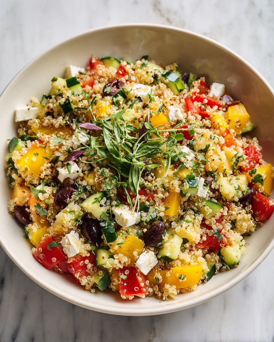 The dish is a colorful salad served in a white bowl on a white marbled surface. It has multiple layers with a base of small grain-like quinoa, mixed evenly with diced red, green, and yellow bell peppers. There are also small white cubes of cheese scattered throughout, adding a soft texture. Fresh green sprigs of herbs are placed on top, giving a fresh look along with small bits of black olives spread across the salad. The bowl is filled to the edge, showing a rich mix of colors and textures. Photo taken with an iphone --ar 4:5 --v 7