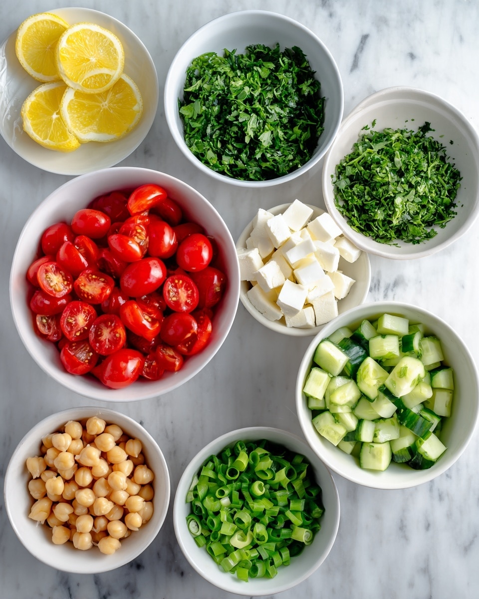 This image shows seven white bowls arranged on a white marbled surface, each holding a different ingredient. At the top center, there is a bowl full of bright red halved cherry tomatoes with juicy textures. To the right, a bowl contains finely chopped fresh green parsley that looks leafy and fresh. At the bottom right, a bowl holds diced green cucumber pieces with dark green skin and pale green inside. In the lower center, a bowl overflows with light tan chickpeas, some spilling onto the surface. Above that, a bowl contains white cubes of cheese with a smooth and soft look. To the left center, a bowl is filled with bright green chopped scallions, all cut into small sections. Finally, at the top left, there is a small plate with thinly sliced yellow lemon rounds. The whole scene looks clean and fresh, arranged neatly. Photo taken with an iphone --ar 4:5 --v 7