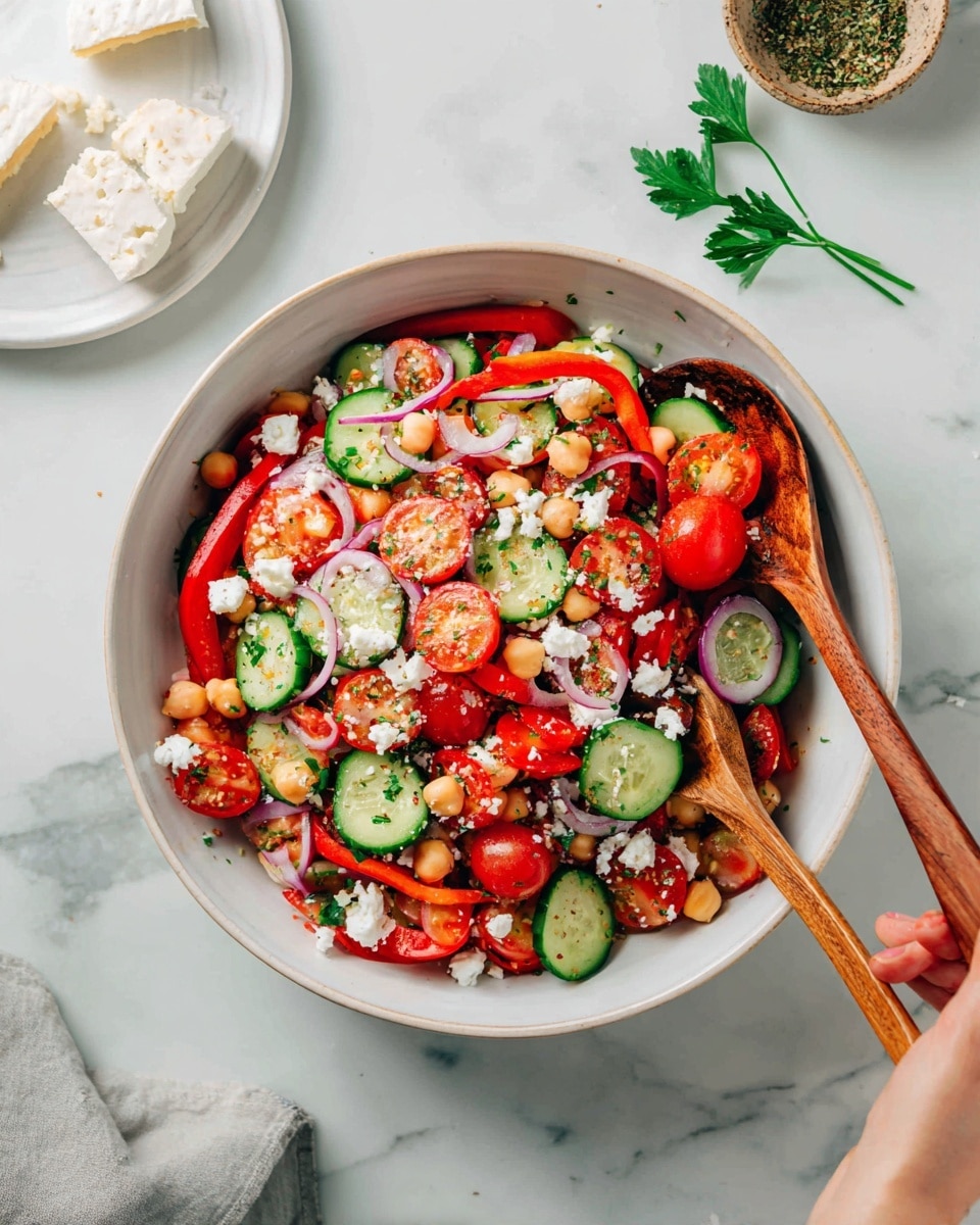A white bowl on a white marbled surface filled with a colorful salad made of bright red cherry tomato halves and thin red bell pepper strips on top. There are curved cucumber slices with green skin and pale green flesh mixed with pale chickpeas and thin slices of purple-red onion scattered throughout. White crumbles of cheese top the salad with a light sprinkle of green herbs or spices. A wooden spoon is placed inside the bowl on the right side and a woman's hand holding another wooden spoon is scooping salad on the left side. Around the bowl, there are pieces of white cheese on a white plate and a small bowl with dried herbs nearby, with green parsley leaves as decoration on the surface. Photo taken with an iphone --ar 4:5 --v 7