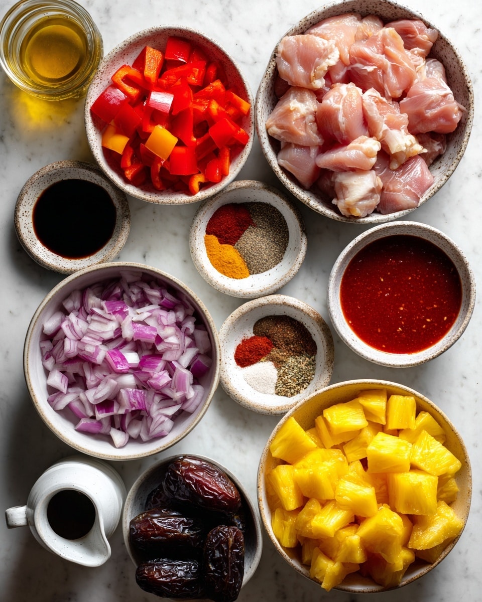 The image shows an overhead view of various ingredient bowls arranged on a white marbled surface. There is a large bowl of raw chicken pieces placed near the top right, with vibrant chunks of red bell pepper in a white bowl on the top left. Below the chicken, there is a bowl filled with chopped yellow pineapple pieces. Near the bottom left, a white bowl contains roughly chopped red onions with visible skin layers. Small bowls and jars are scattered around, including a speckled bowl of mixed spices in four sections—white, brown, red, and beige—placed near the top center. Close to the bottom center, a small bowl holds dark dates, and nearby, a small white jar holds a thick dark liquid, possibly soy sauce or balsamic vinegar. Additionally, a small glass bowl of orange-red tomato paste and a small glass container of golden oil are visible. Salt and pepper rest in a tiny bowl near the bottom right, beside another small white pitcher possibly containing powdered spice. All items rest on the white marbled texture. photo taken with an iphone --ar 4:5 --v 7