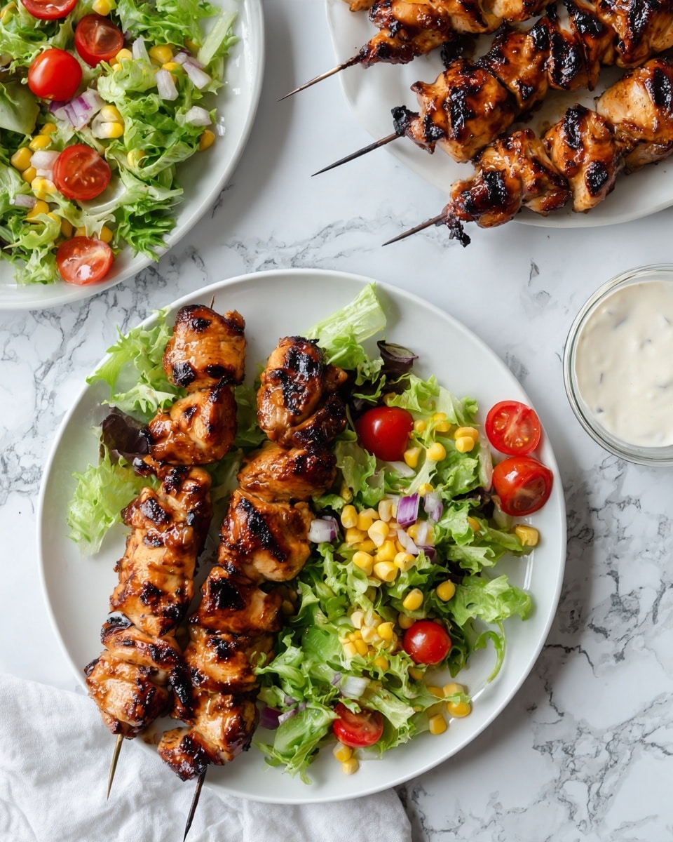 The image shows a white plate filled with two skewers of grilled chicken pieces that are glazed with a dark brown sauce and have some charred marks. Next to the skewers is a fresh salad with green lettuce leaves, bright yellow corn kernels, halved cherry tomatoes in red, and small pieces of white onion. Behind this plate, there is another white plate with more grilled chicken skewers and salad. To the right side, a small clear glass container holds a creamy white sauce. All of this is set on a white marbled surface. photo taken with an iphone --ar 4:5 --v 7
