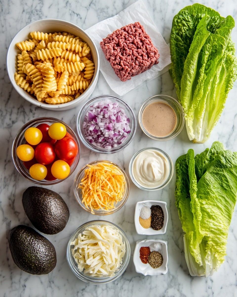 The image shows an overhead view of ingredients neatly arranged on a white marbled surface. On the top left, there is a white bowl filled with crinkle-cut golden fries. To its right, there is a square of raw ground meat placed on white paper. Below the fries, there is a clear container holding red and yellow cherry tomatoes. Next to the tomatoes, there is a small white bowl filled with chopped purple onions, followed by a glass bowl with a light brown sauce. Below these, a white bowl carries a mix of shredded orange and white cheese. In the center, slightly downward, a small white dish holds various spices with distinct colors such as red, white, black, and green. Below it is another small white bowl containing a creamy white sauce. At the bottom left, two whole dark green avocados are side by side. On the right side of the image, fresh, bright green romaine lettuce leaves stretch from top to bottom. photo taken with an iphone --ar 4:5 --v 7