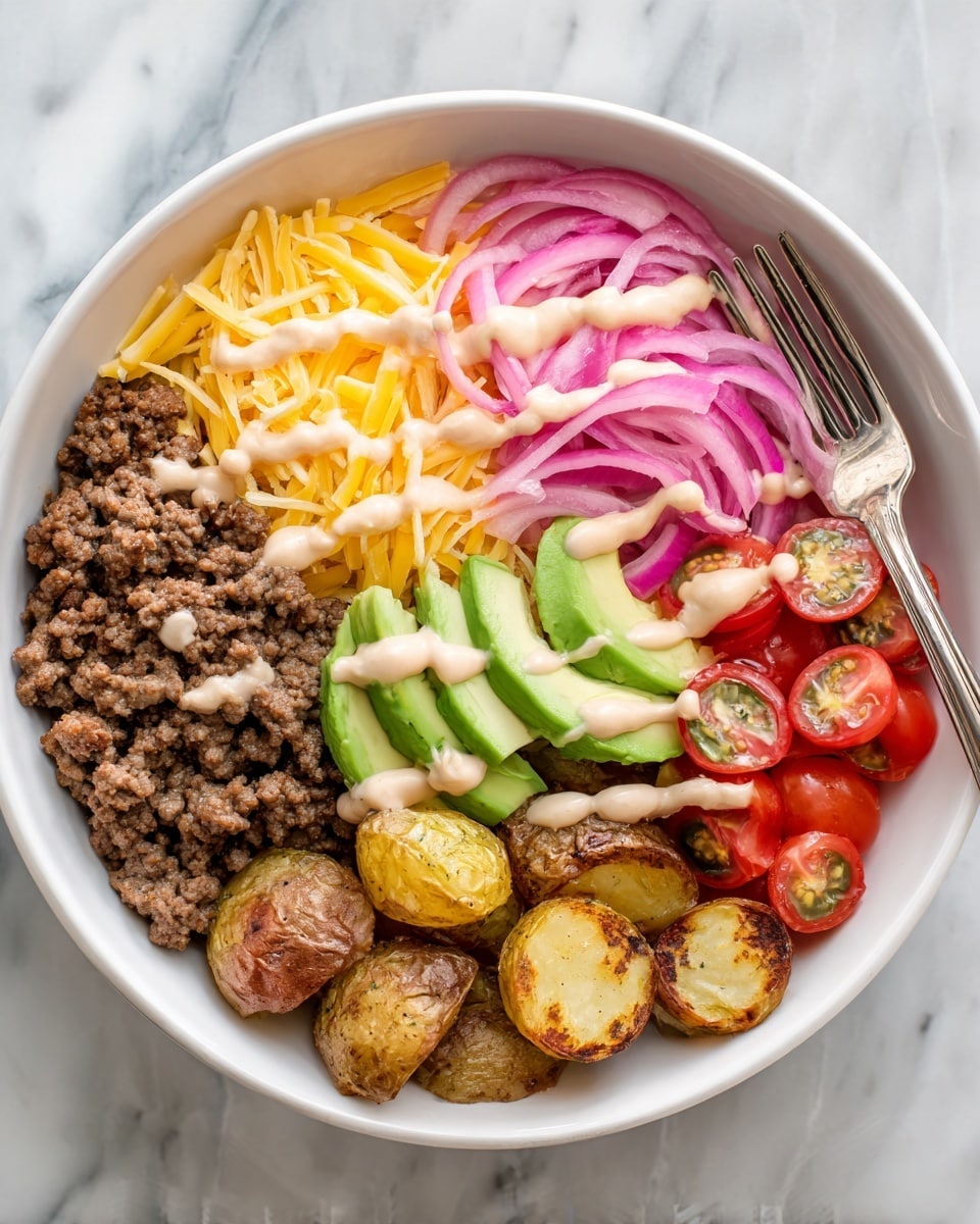 A white bowl filled with six main layers arranged side by side: crumbled brown cooked ground meat on the left, next to bright pink pickled red onions, a pile of shredded yellow cheddar cheese near the top center, three thick slices of light green avocado placed in the middle, halved small red cherry tomatoes on the right, and golden roasted potato halves at the bottom right. A light beige creamy sauce is drizzled over all layers in wavy lines. A silver fork rests on the top right side of the bowl. The bowl is placed on a white marbled surface photo taken with an iphone --ar 4:5 --v 7