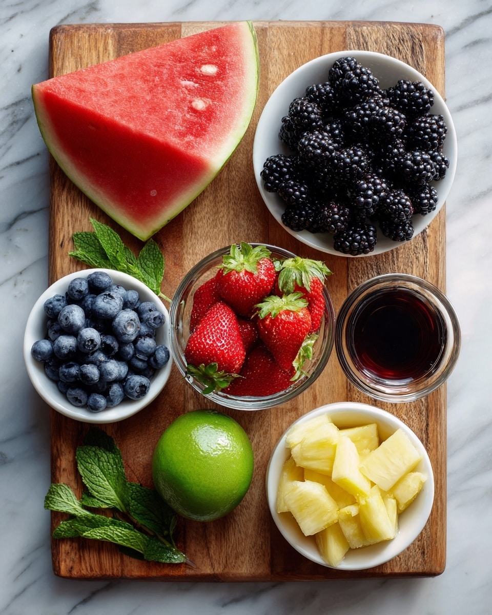 A wooden cutting board sits on a white marbled surface, filled with fresh fruit. At the top left is a large red watermelon wedge with its green rind. To the right, a white bowl holds plump blackberries that look juicy. Below the watermelon, there are a few green mint sprigs scattered around. In the center, a clear glass bowl holds bright red strawberries with green leaves. A small lime with textured green skin sits to the right near the mint. At the bottom left, a white bowl is filled with round, dark blue blueberries. Next to it on the right, another white bowl holds chunks of yellow pineapple. Between the lime and the pineapple is a small clear cup of dark syrup or honey. The whole setup is bright with fresh colors on the natural wood and white marble. Photo taken with an iphone --ar 4:5 --v 7