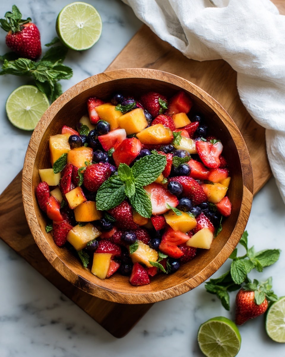 A round wooden bowl filled with a colorful fruit salad placed on a wooden board, sitting on a white marbled surface. The fruit salad consists of vibrant red strawberries cut into quarters, bright yellow peach cubes, and small dark blue blueberries mixed together. A fresh green mint sprig sits on top in the center as a garnish. Around the bowl, there are halved limes, whole strawberries, and fresh mint leaves scattered. A white cloth is draped on the side in the background, adding softness to the scene. photo taken with an iphone --ar 4:5 --v 7