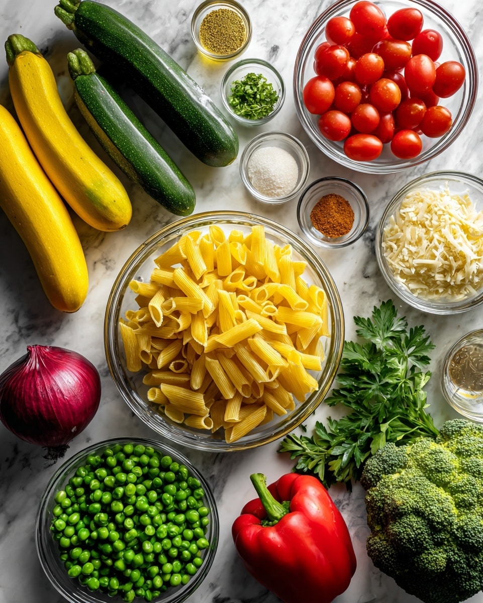 The image shows a top-down view of many clear glass bowls and fresh vegetables placed on a white marbled surface. In the center, there is a large bowl filled with bright yellow penne pasta. To the right, a medium bowl of bright red cherry tomatoes sits above a medium bowl of vibrant green peas. On the top left side, a long dark green zucchini and a long yellow squash lie horizontally. Scattered around are small bowls with light brown spices, pale yellow grated cheese, white salt, and light brown sauce. Fresh vegetables include a red onion near the bottom center, a bunch of fresh green parsley to the left, a glossy red bell pepper near the bottom right, and a large green broccoli floret on the far right. The setup looks clean and colorful with a mix of smooth and textured elements in clear bowls. photo taken with an iphone --ar 4:5 --v 7