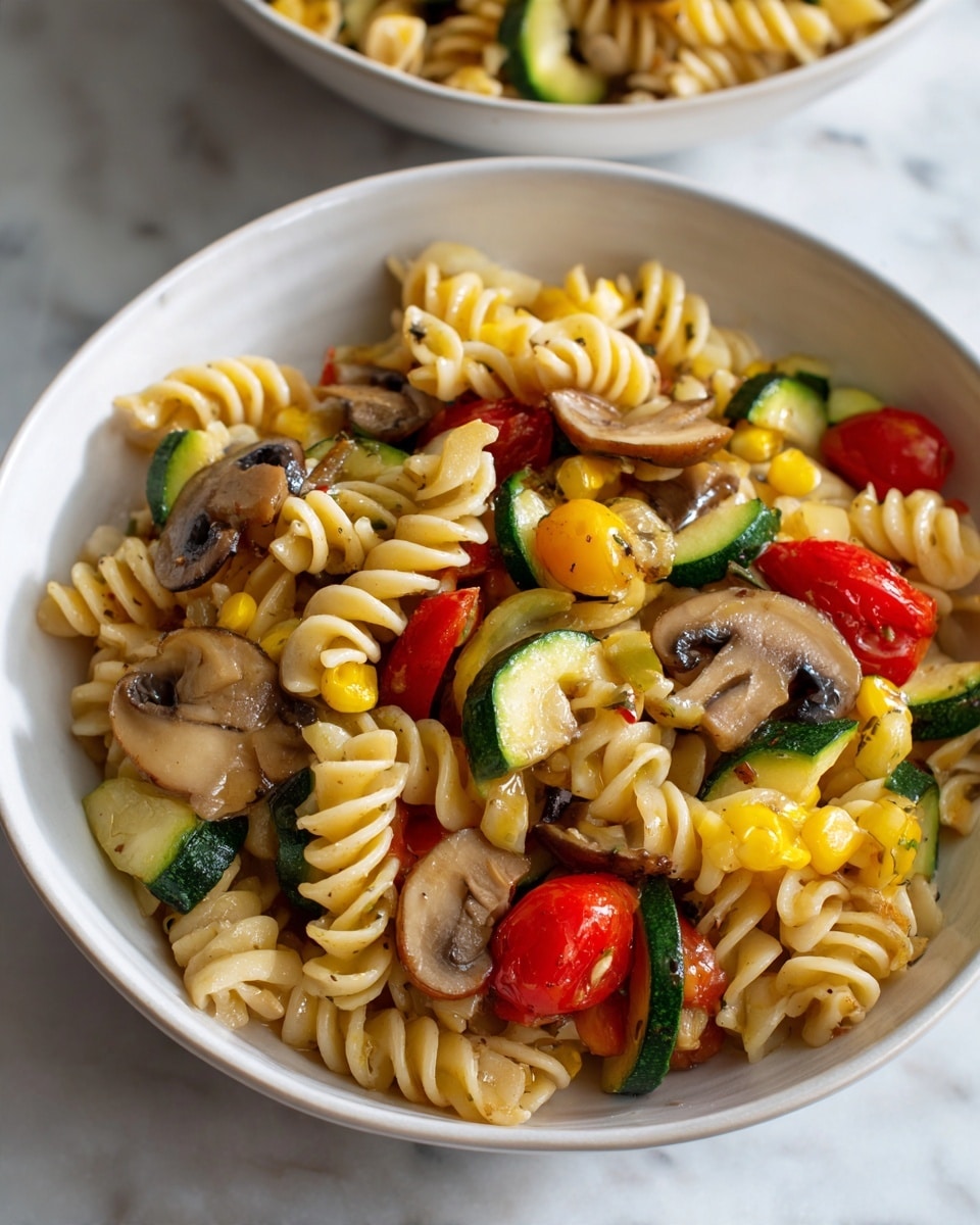 A close-up view of a white bowl filled with curly pasta spirals mixed with sautéed vegetables including bright yellow corn kernels, red cherry tomato halves, thin slices of green zucchini, and pale beige mushrooms. The pasta and vegetables sit on a white marbled surface with a hint of another similar bowl partially visible in the corner. The overall colors are warm and inviting, with the pasta showing a soft, slightly glossy texture and the vegetables providing vibrant pops of color. photo taken with an iphone --ar 4:5 --v 7