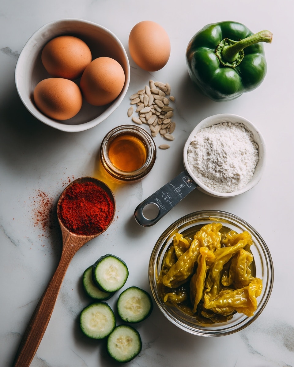 The image shows a flat lay of fresh ingredients on a white marbled surface. There is a white bowl with four brown eggs at the top left, next to a whole green bell pepper at the top right. In the middle, a small white bowl holds pale sunflower seeds. Below it is a jar of orange oil and to the right is a metal measuring cup filled with white flour. Sliced cucumber pieces in green and white colors are scattered at the bottom left. A wooden spoon with bright red paprika powder is placed near the cucumbers. A clear bowl filled with yellow pepperoncini peppers soaking in liquid sits at the bottom right. The scene captures a variety of textures and colors from smooth eggs to crunchy seeds and fresh vegetables. Photo taken with an iphone --ar 4:5 --v 7