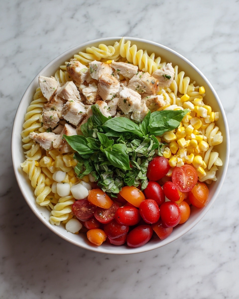 The image shows a white bowl filled with three layers of food. The bottom layer is twisted pasta in a light yellow color with a smooth texture. The middle layer has small cherry tomatoes in red and orange, corn kernels that are yellow, and small white round pieces that look smooth. The top layer is made of small pieces of light brown grilled chicken and fresh green basil leaves scattered on top. The bowl is placed on a white marbled surface. photo taken with an iphone --ar 4:5 --v 7