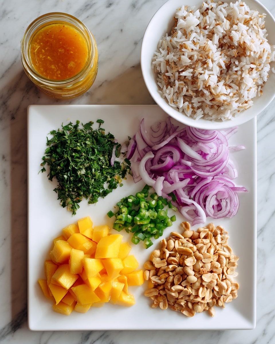 The image shows a white square plate and a white bowl on a white marbled surface. The plate is divided into five parts: top left has a pile of chopped green herbs, top right holds thinly sliced purple onions arranged in a swirl, the center has small chopped green chilies, bottom left contains bright orange mango cubes, and bottom right shows a pile of dry roasted peanuts. To the right of the plate, the white bowl contains a mix of white and brown cooked rice grains. Above the bowl, there is a small glass jar filled with orange sauce. Photo taken with an iphone --ar 4:5 --v 7