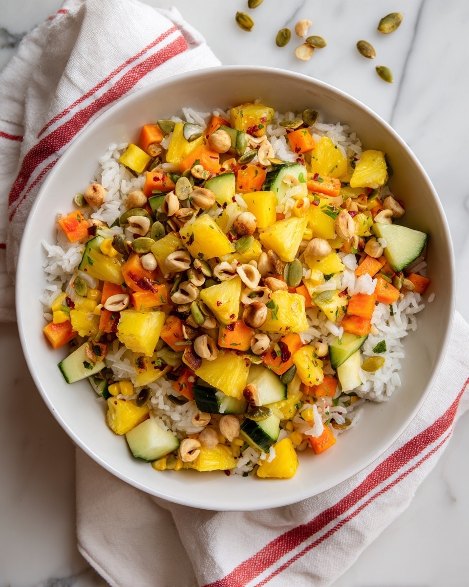 A white round bowl filled with a colorful mix of diced yellow pineapple, small orange carrot cubes, green cucumber pieces, yellow corn kernels, white rice grains, and toasted round hazelnuts scattered on top, along with some small green pumpkin seeds mixed throughout. The bowl is placed on a white marbled surface with a white cloth featuring red stripes underneath. Photo taken with an iphone --ar 4:5 --v 7