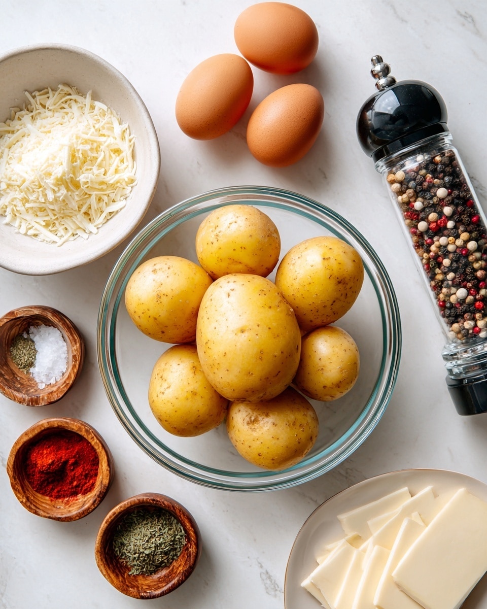 The image shows a clear glass bowl filled with seven peeled yellow potatoes, stacked in the center on a white marbled surface. Surrounding the bowl are various ingredients: a white bowl filled with grated cheese, a small wooden bowl of coarse salt, another small wooden bowl with dried oregano, and a smaller wooden bowl containing bright red paprika. On the top right, there are four brown eggs placed close together. A pepper grinder with a black top and transparent body filled with mixed peppercorns sits to the right of the potatoes. At the bottom right, a white plate holds three rectangular pieces of white cheese. The scene is bright and clean, with all items arranged neatly on the surface. photo taken with an iphone --ar 4:5 --v 7