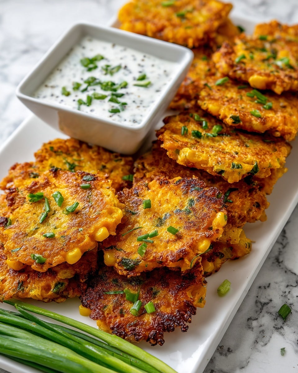 The image shows a white rectangular plate filled with round, crispy orange patties that have a slightly rough texture, indicating bits of shredded ingredients inside, with some small pieces of corn visible. The patties are stacked evenly and garnished lightly with chopped green herbs on top. In the center of the plate, there is a small white square bowl filled with a white creamy sauce that has black specks and some green herb pieces as garnish. The plate is placed on a white marbled surface, with a bunch of fresh green onions partially visible at the bottom. photo taken with an iphone --ar 4:5 --v 7