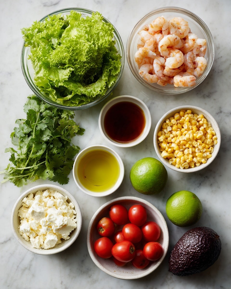A metal tray holds several small white bowls and a clear plastic container, all arranged on a white marbled surface. The top left has a clear container filled with fresh green lettuce leaves with a rough texture. To the right, a white bowl is filled with small, light pink shrimp. Below the shrimp, a small white bowl contains yellowish oil with a smooth texture. Next to it, a bunch of fresh green cilantro with leafy texture sits beside two whole green limes. Below the limes, a white bowl contains shiny, red grape tomatoes. At bottom center, a whole dark purple avocado with a bumpy texture is placed. To the left of the avocado, a white bowl holds creamy white cheese. Above the cheese, a smaller bowl is filled with yellow corn kernels. Above the corn, a white bowl contains a reddish-brown liquid, smooth in texture. Next to this bowl, a small white dish holds three dry spices in brown and red shades, in powder form. photo taken with an iphone --ar 4:5 --v 7