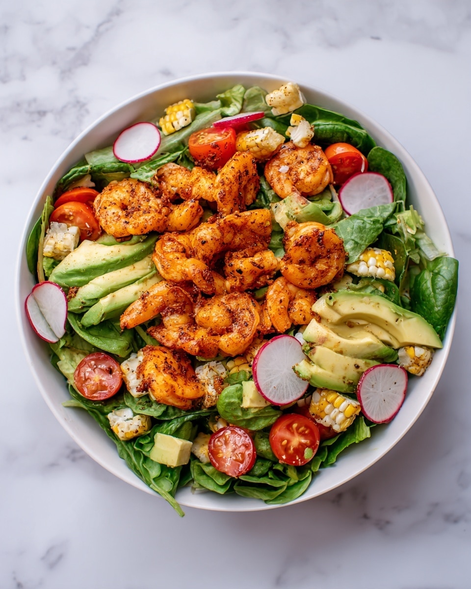 A white bowl filled with a fresh salad sits on a white marbled surface. The salad has three main layers: a base of mixed green leaves including spinach and lettuce, topped with pieces of cooked shrimp seasoned with spices giving them a light orange-brown color. Among the greens and shrimp are sliced radishes with red skin and white inside, halved bright red cherry tomatoes, chunks of light green avocado, and small pieces of white grilled corn scattered on top. The salad looks fresh and colorful with a mix of crisp and soft textures. Photo taken with an iphone --ar 4:5 --v 7