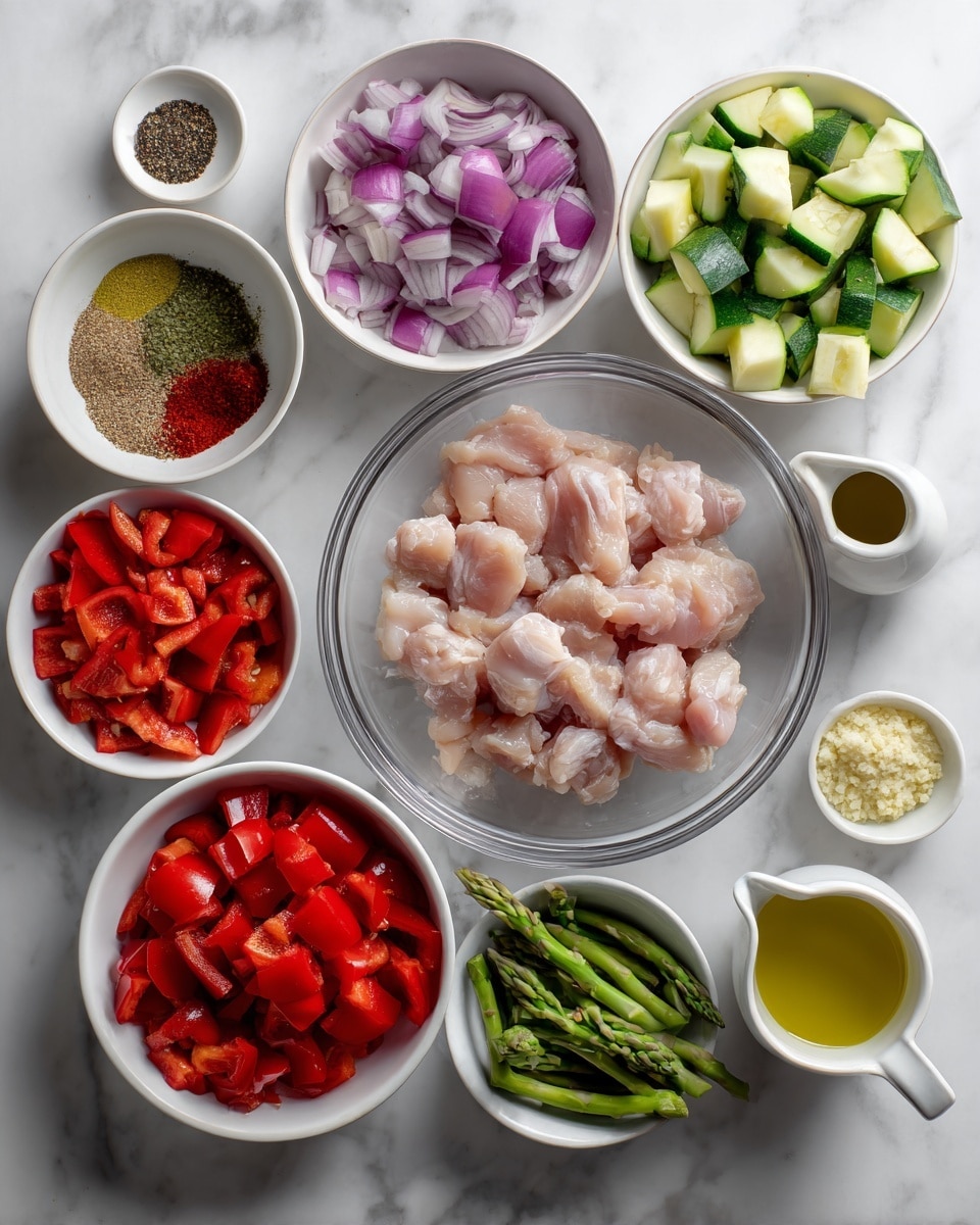 The image shows a top-down view of several clear and white bowls arranged in a circle on a white marbled surface. In the center, there is a clear bowl filled with bite-sized pieces of raw chicken, pale pink in color. Surrounding it, clockwise from the top left, are a white bowl with mixed dry spices in red, green, and light orange shades; a white bowl with chopped red onion pieces, showing purple and white layers; a white bowl filled with chopped red bell peppers, bright red and juicy; a white bowl containing salt and black pepper; a white bowl with sliced green zucchini, showing the pale green inside and darker outer skin; a small white pitcher filled with golden yellow olive oil; a white bowl with cut asparagus spears, green with purple tips; a very small white bowl holding minced or grated ginger, light beige; and a small clear bowl with whole red cherry tomatoes. The colors are vibrant and fresh against the clean white marbled background. photo taken with an iphone --ar 4:5 --v 7